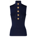 Balmain - Pointelle Knit High Neck Top - Navy Blue - Balmain Exclusive Luxury Collection