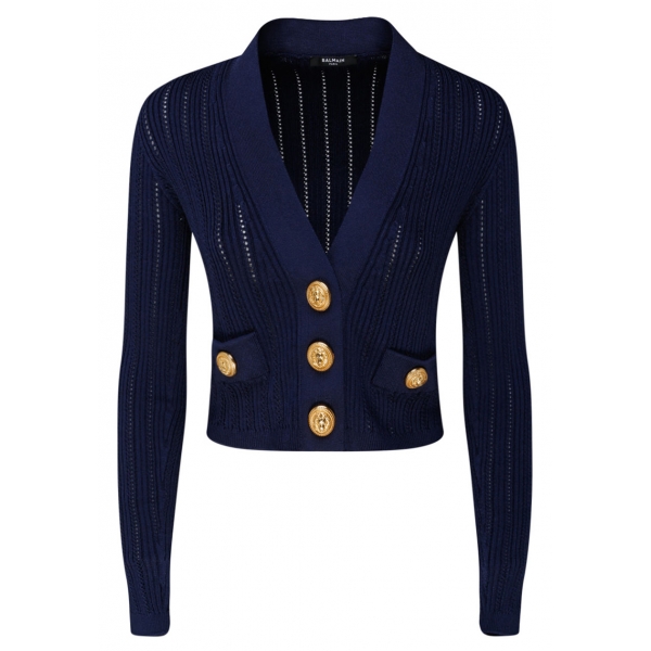 Balmain - Cardigan Corto Lavorato a Maglia - Blu Navy - Balmain Exclusive Luxury Collection