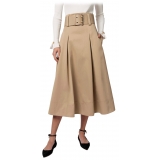 Elisabetta Franchi - Midi Skirt with Darts and Belt - Beige - Skirt - Made in Italy - Luxury Exclusive Collection