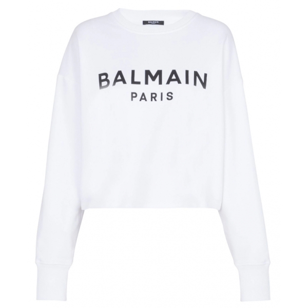 Balmain - Printed Bulky Cropped Sweatshirt - White Black - Balmain Exclusive Luxury Collection