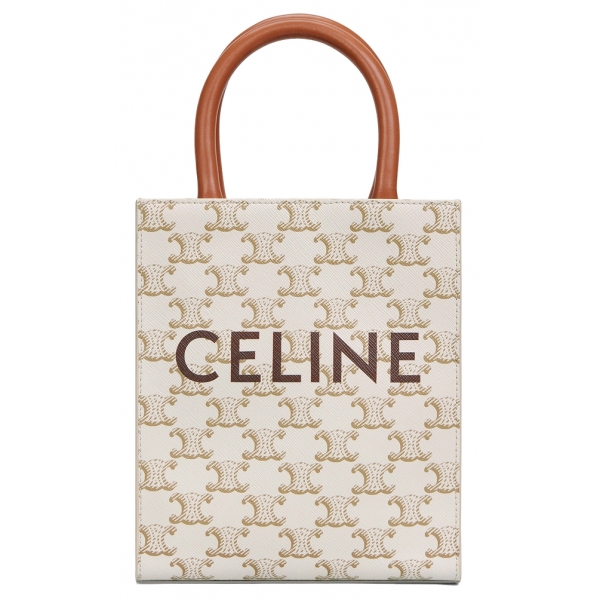 Céline - Borsa Cabas Verticale Mini in Tela Triomphe e Pelle di Vitello con Stampa - Bianco - Borsa - Exclusive Collection