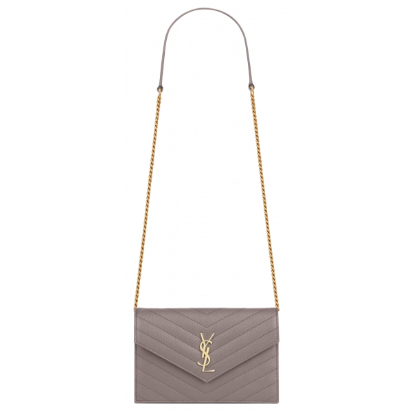 Yves Saint Laurent - Cassandre Envelope Chain Wallet in Grain De Poudre Leather - Fog - Saint Laurent Exclusive Collection