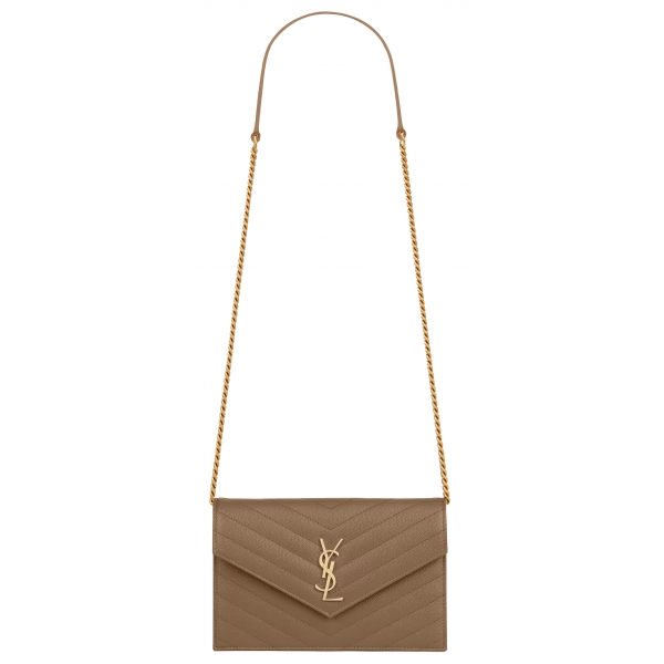 Yves Saint Laurent - Cassandre Envelope Chain Wallet in Grain De Poudre Leather - Taupe - Exclusive Collection