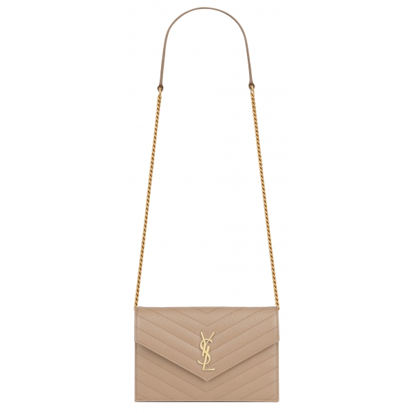 Yves Saint Laurent - Pochette Envelope con Catena Cassandre in Pelle Grain de Poudre - Beige Scuro - Exclusive Collection