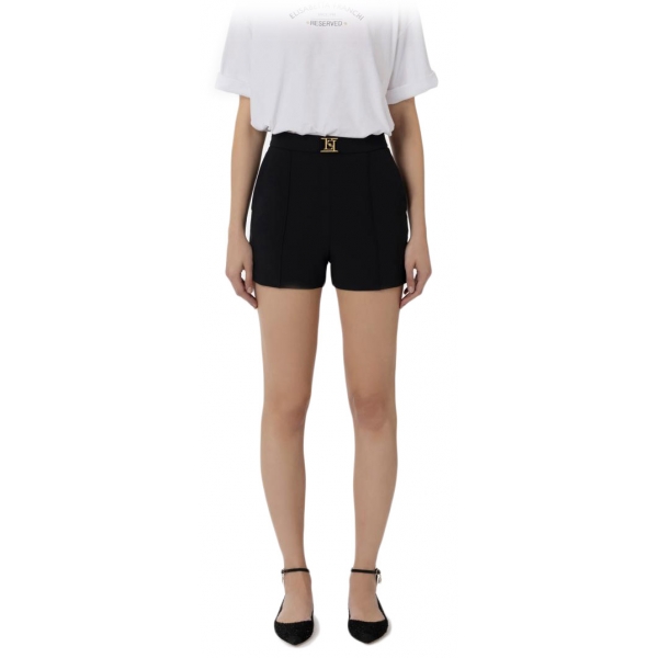 Elisabetta Franchi - Shorts a Vita Alta in Tessuto Tecnico - Nero - Pantaloni - Made in Italy - Luxury Exclusive Collection