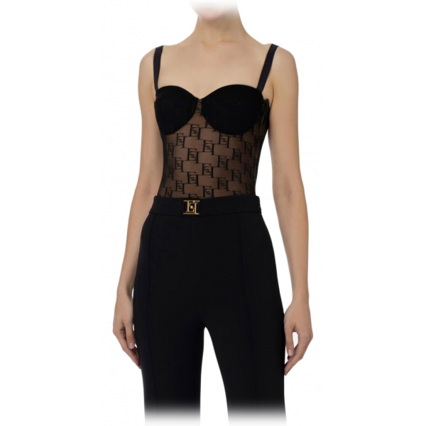 Elisabetta Franchi - Tulle Bodice Top with Logos - Black - Top - Made in Italy - Luxury Exclusive Collection