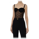 Elisabetta Franchi - Top a Corpetto in Tulle con Loghi - Nero - Top - Made in Italy - Luxury Exclusive Collection