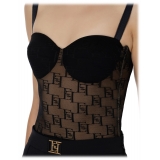 Elisabetta Franchi - Top a Corpetto in Tulle con Loghi - Nero - Top - Made in Italy - Luxury Exclusive Collection