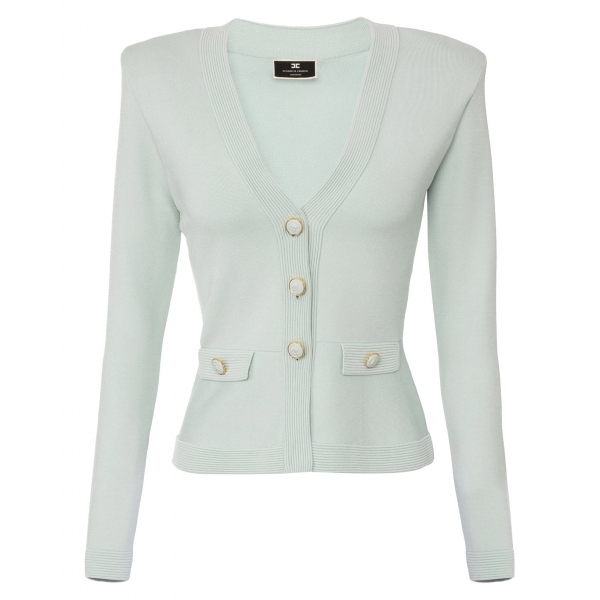 Elisabetta Franchi - Knitted Jacket with Jewel Buttons - Light Blue - Jacket - Made in Italy - Luxury Exclusive Collection