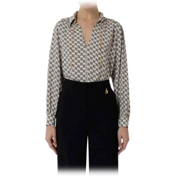 Elisabetta Franchi - Logo Blouse with Chain - White/Black - Shirt - Made in Italy - Luxury Exclusive Collection