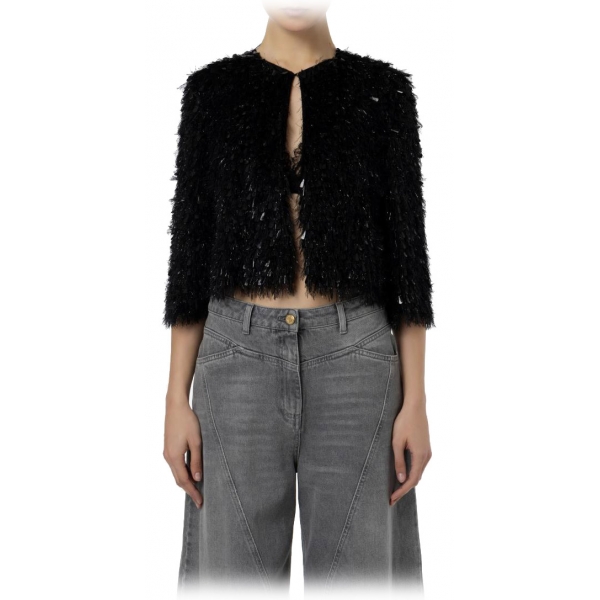 Elisabetta Franchi - Short Jacket with Fringes and Sequins - Black - Jacket - Made in Italy - Luxury Exclusive Collection