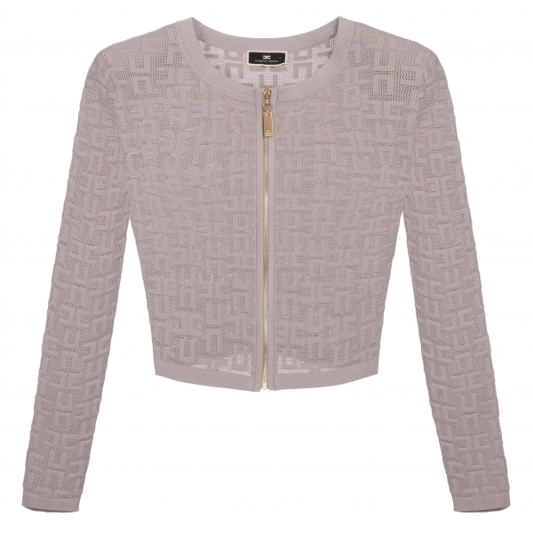 Elisabetta Franchi - Perforated Knitted Cardigan with Logos - Grey - Pullover - Made in Italy - Luxury Exclusive Collection