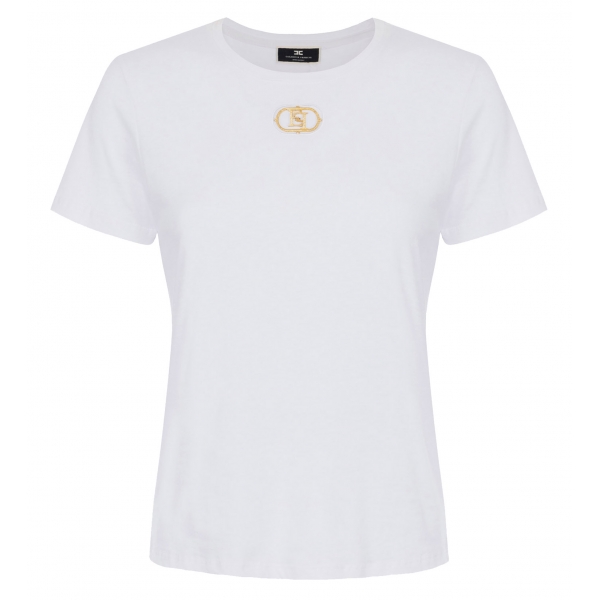 Elisabetta Franchi - T-Shirt con Applicazione Logo Metallico- Bianco - T-Shirt - Made in Italy - Luxury Exclusive Collection