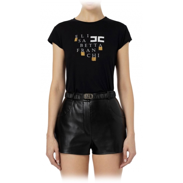 Elisabetta Franchi - T-Shirt with Metal Logo Application - Black - T-Shirt - Made in Italy - Luxury Exclusive Collection