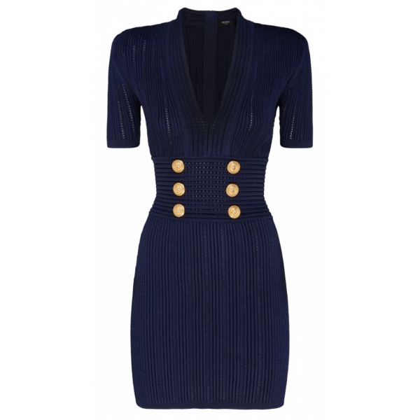 Balmain - Mini Abito in Maglia a Coste - Blu Navy - Balmain Exclusive Luxury Collection