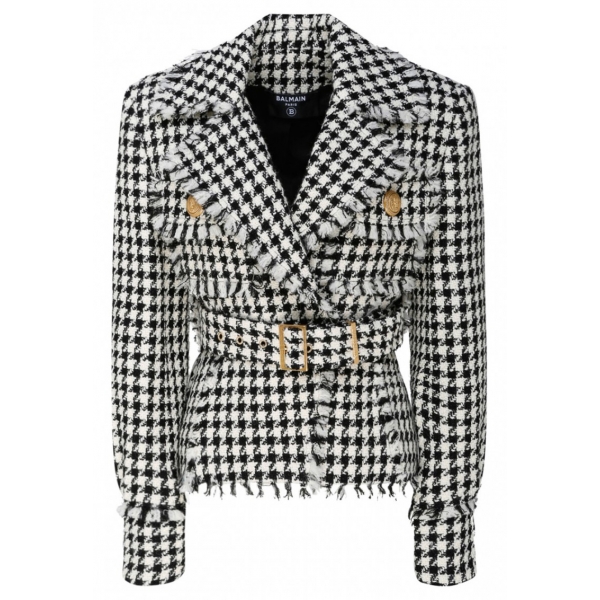 Balmain - Virgin Wool Tweed Belted Jacket - Black White - Balmain Exclusive Luxury Collection