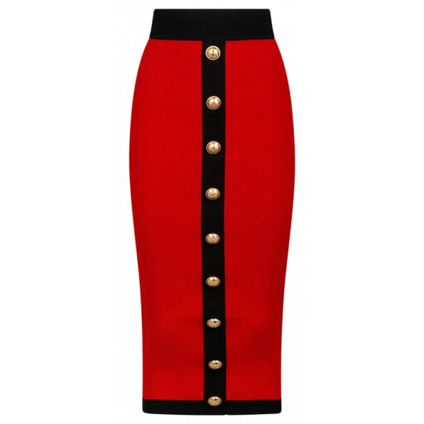 Balmain - Buttoned Knit Midi Skirt - Red Black - Balmain Exclusive Luxury Collection