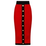 Balmain - Buttoned Knit Midi Skirt - Red Black - Balmain Exclusive Luxury Collection