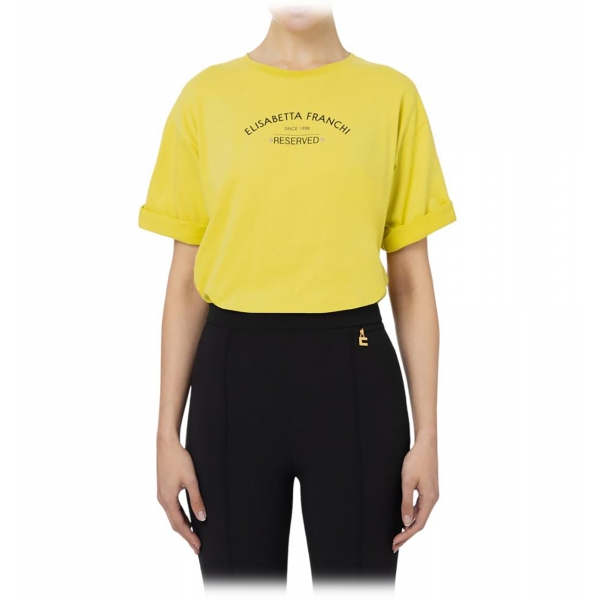 Elisabetta Franchi - T-Shirt with Logo and Metallic Details - Yellow - T-Shirt - Made in Italy - Luxury Exclusive Collection