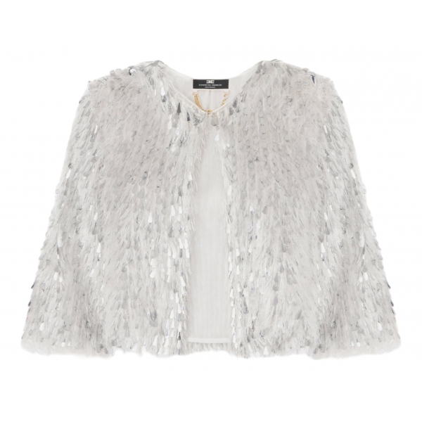 Elisabetta Franchi - Short Jacket with Fringes and Sequins - Silver - Jacket - Made in Italy - Luxury Exclusive Collection