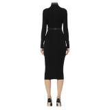 Elisabetta Franchi - High Neck Ribbed Longuette Dress - Black - Dress - Made in Italy - Luxury Exclusive Collection