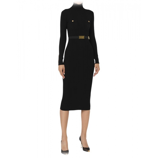 Elisabetta Franchi - High Neck Ribbed Longuette Dress - Black - Dress - Made in Italy - Luxury Exclusive Collection