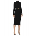 Elisabetta Franchi - High Neck Ribbed Longuette Dress - Black - Dress - Made in Italy - Luxury Exclusive Collection