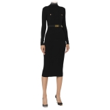 Elisabetta Franchi - High Neck Ribbed Longuette Dress - Black - Dress - Made in Italy - Luxury Exclusive Collection