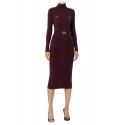 Elisabetta Franchi - High Neck Ribbed Longuette Dress - Bordeaux - Dress - Made in Italy - Luxury Exclusive Collection