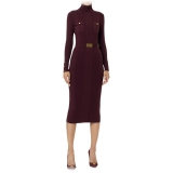 Elisabetta Franchi - High Neck Ribbed Longuette Dress - Bordeaux - Dress - Made in Italy - Luxury Exclusive Collection