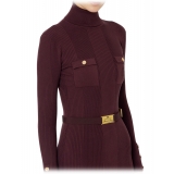 Elisabetta Franchi - Abito Longuette a Costine a Collo Alto - Bordeaux - Made in Italy - Luxury Exclusive Collection