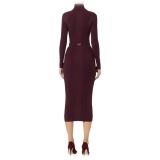 Elisabetta Franchi - High Neck Ribbed Longuette Dress - Bordeaux - Dress - Made in Italy - Luxury Exclusive Collection