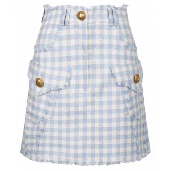 Balmain - Gingham Tweed A-Line Skirt - Blue - Balmain Exclusive Luxury Collection