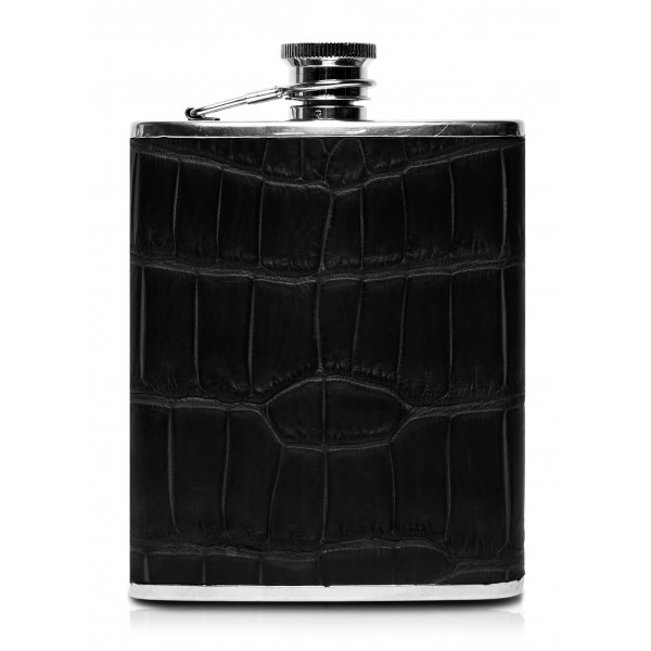 Ammoment - Hip Flask - Crocodile in Black - Luxury Stainless Steel Hip Flask in Leather