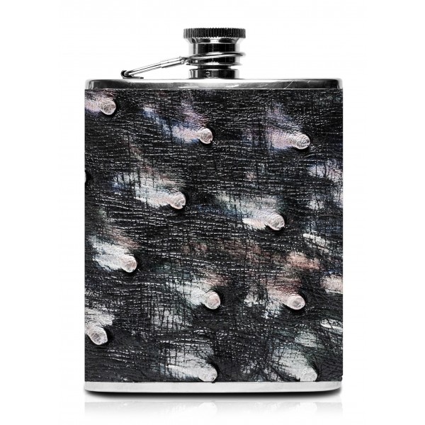 Ammoment - Hip Flask - Ostrich Leather in Tahitian Pearl Peacock Black - Luxury Stainless Steel Hip Flask in Leather