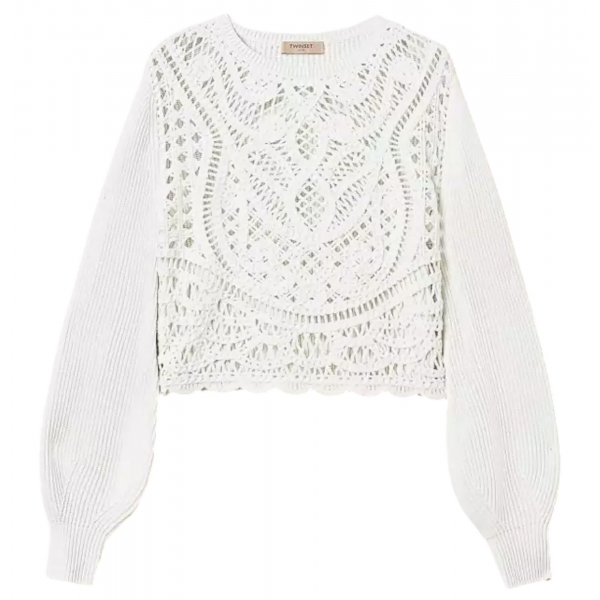 Twinset - Crochet Knit with Long Balloon Sleeves - White - Knitwear - Made in Italy - Luxury Exclusive Collection