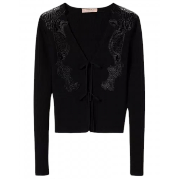 Twinset - Cardigan with Macramé Lace Inserts - Black - Knitwear - Made in Italy - Luxury Exclusive Collection