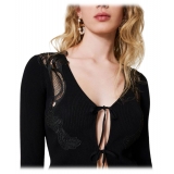 Twinset - Cardigan with Macramé Lace Inserts - Black - Knitwear - Made in Italy - Luxury Exclusive Collection