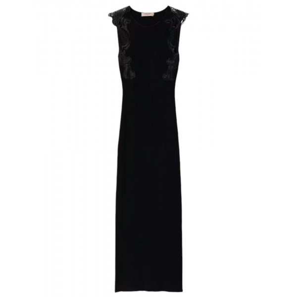 Twinset - Longuette Dress with Macramé Lace Inserts - Black - Dresses - Made in Italy - Luxury Exclusive Collection