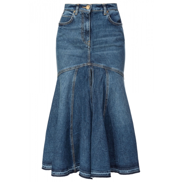 Pinko - Vintage Effect Denim Midi Skirt - Blue - Skirt - Made in Italy - Luxury Exclusive Collection