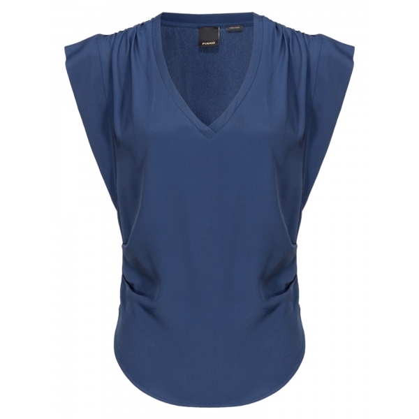 Pinko - Top con Scollo a V in Misto Seta - Blu - Top - Made in Italy - Luxury Exclusive Collection