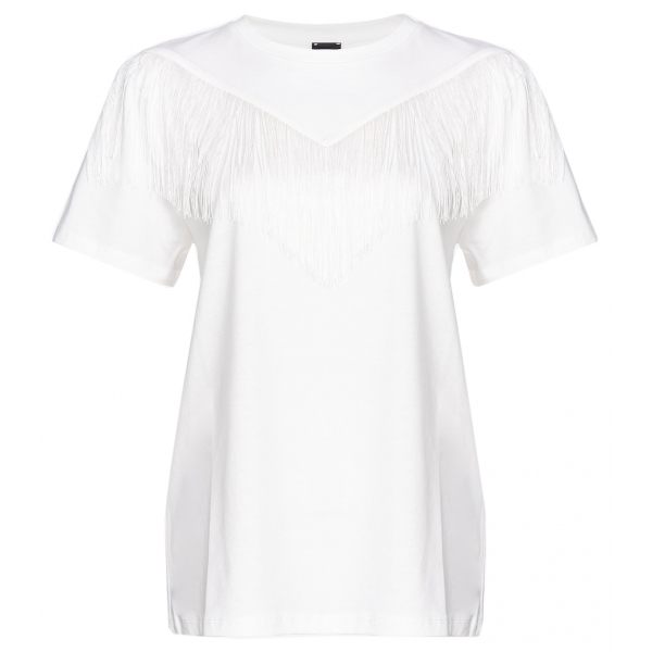 Pinko - T-Shirt with Thin Fringes Detail - White - T-shirt - Made in Italy - Luxury Exclusive Collection