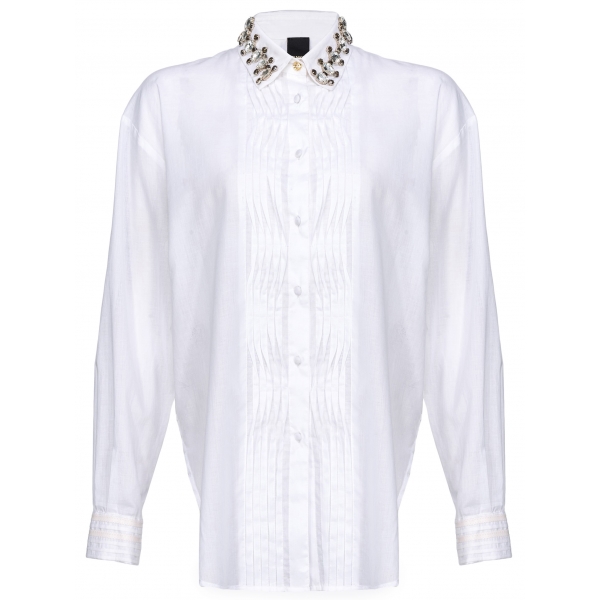 Pinko - Camicia con Dettaglio Plastron con Piege - Bianco - Camicie - Made in Italy - Luxury Exclusive Collection