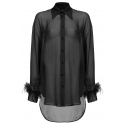 Pinko - Shirt with Feather Trim Cuffs Detail - Black - Shirts - Made in Italy - Luxury Exclusive Collection