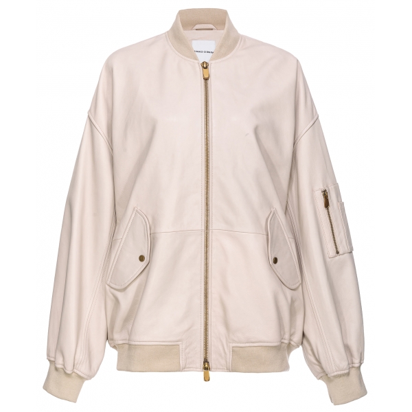 Pinko - Genuine Leather Bomber Jacket with Zip Closure - Beige - Jackets - Made in Italy - Luxury Exclusive Collection