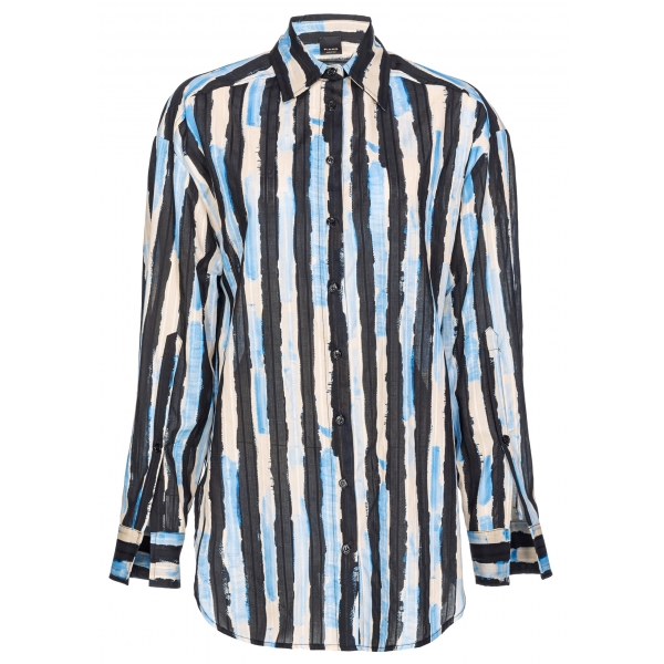 Pinko - Camicia Over Fantasia a Righe Larghe - Azzurro/Nero - Camicie - Made in Italy - Luxury Exclusive Collection