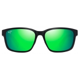 Maui Jim - Lehiwa Asian Fit - Nero Opaco MAUIGreen® - Occhiali da Sole Polarizzati Rettangolari