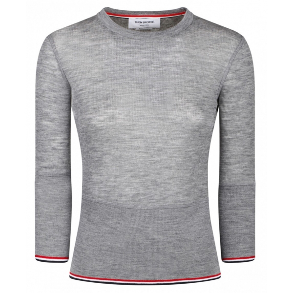 Thom Browne - Maglione Lavorato a Maglia con Rifiniture a Righe Grigio Chiaro - Thom Browne Exclusive Luxury Collection