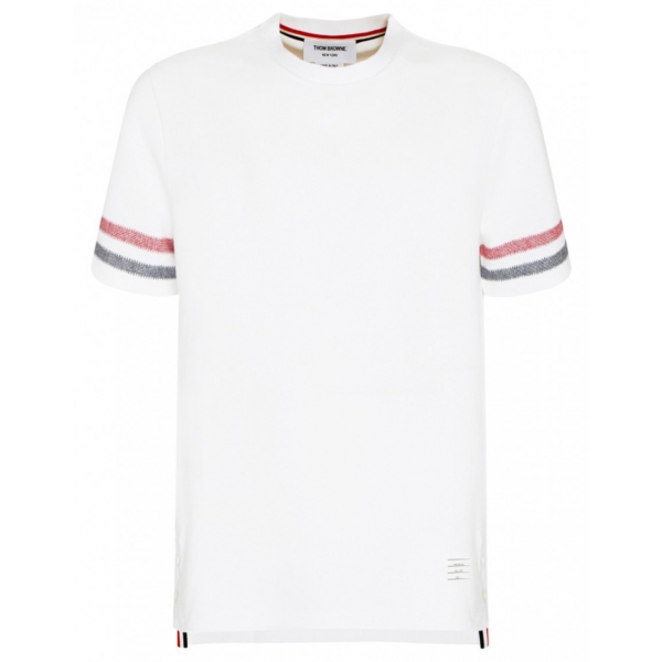 Thom Browne - T-Shirt in Maglia a Righe Tricolore in Cotone Bianco - Thom Browne Exclusive Luxury Collection