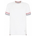 Thom Browne - T-Shirt in Maglia a Righe Tricolore in Cotone Bianco - Thom Browne Exclusive Luxury Collection